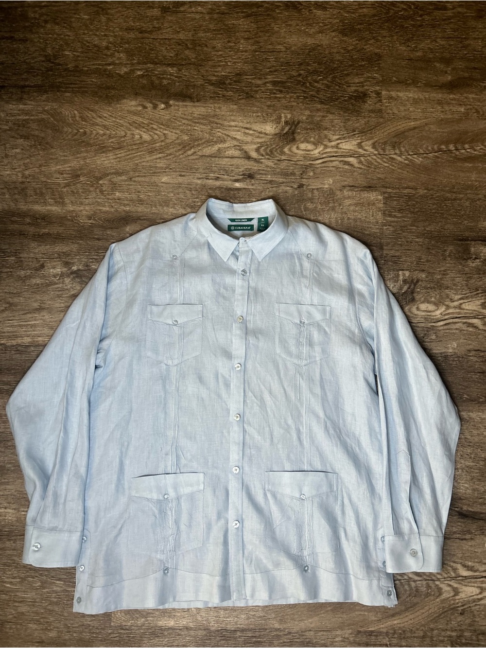 Cubavera 100% Linen Guayabera Shirt Men’s XL Light Blue Long Sleeve 4 Pocket